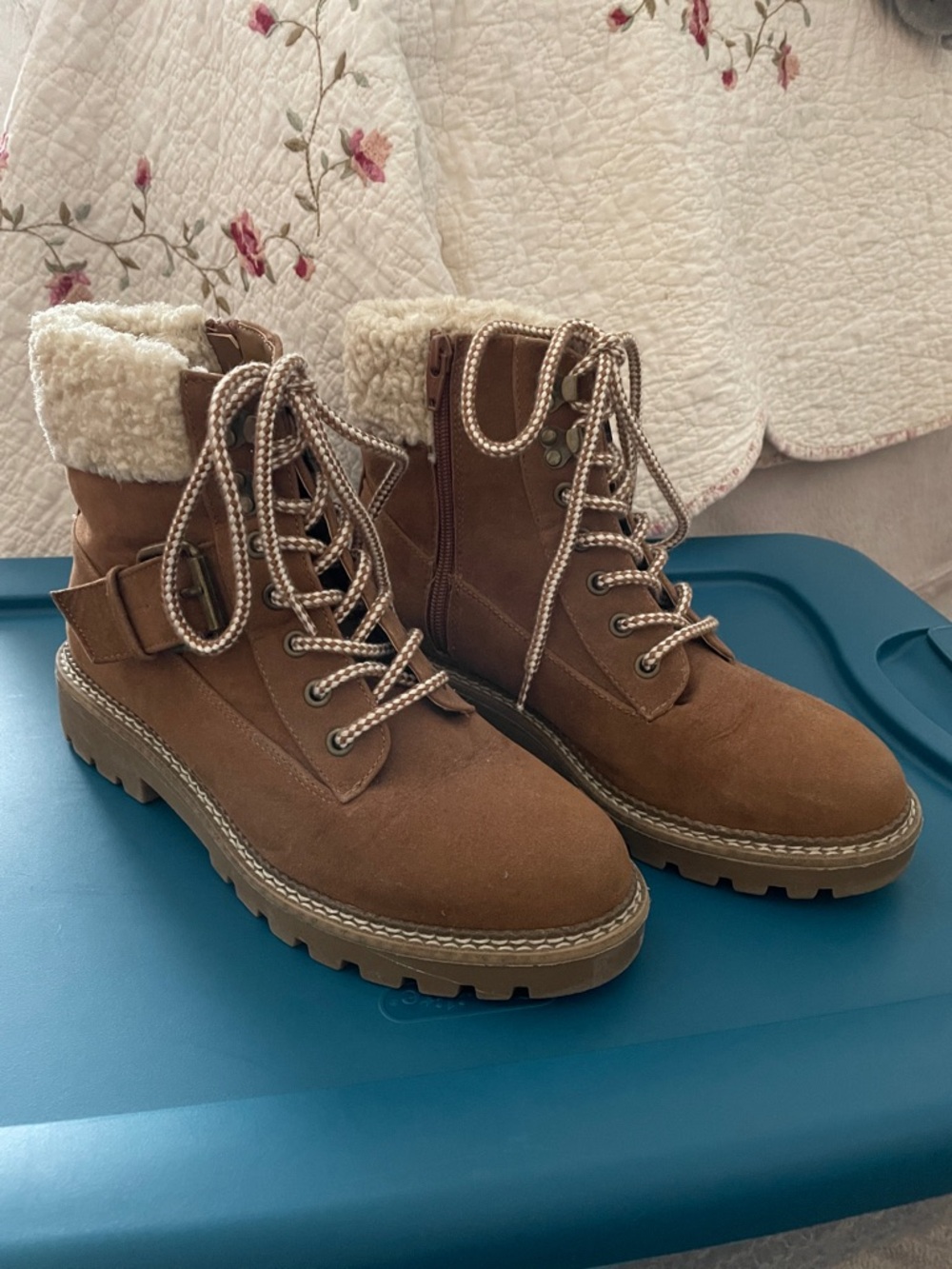 Universal Thread Tan Lace-Up Faux Shearling Combat Boots